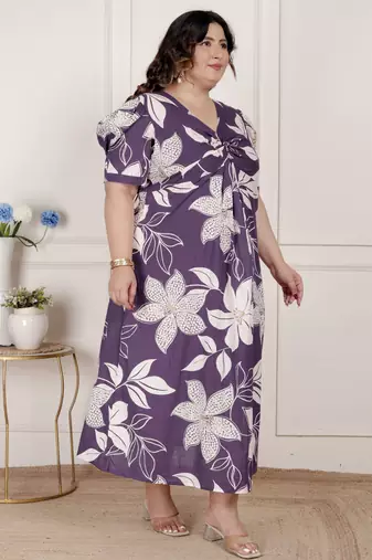 plus size purple pleated puff sleeve floral pure cotton butterfly midi dress