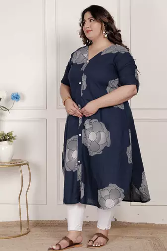 plus size blue floral printed front buttoned a-line kurta dress