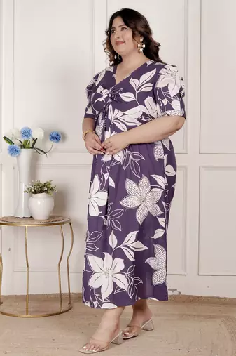 plus size purple pleated puff sleeve floral pure cotton butterfly midi dress