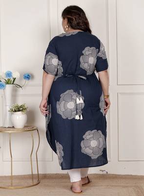 plus size blue floral printed front buttoned a-line kurta dress 5