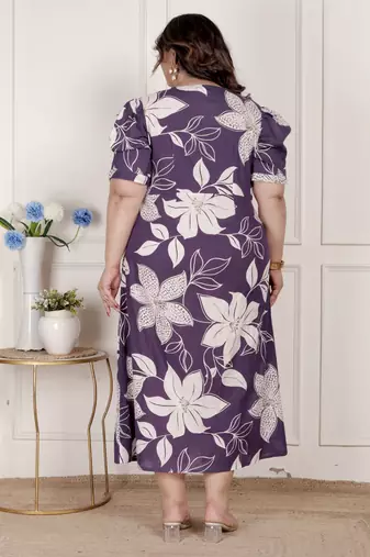 plus size purple pleated puff sleeve floral pure cotton butterfly midi dress