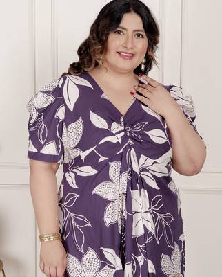 plus size purple pleated puff sleeve floral pure cotton butterfly midi dress 5