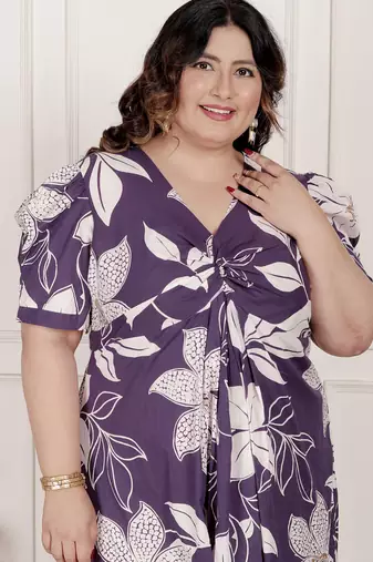 plus size purple pleated puff sleeve floral pure cotton butterfly midi dress