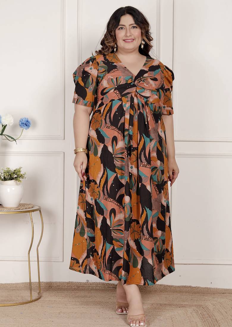 plus size pure cotton black puff sleeve floral printed butterfly maxi dress