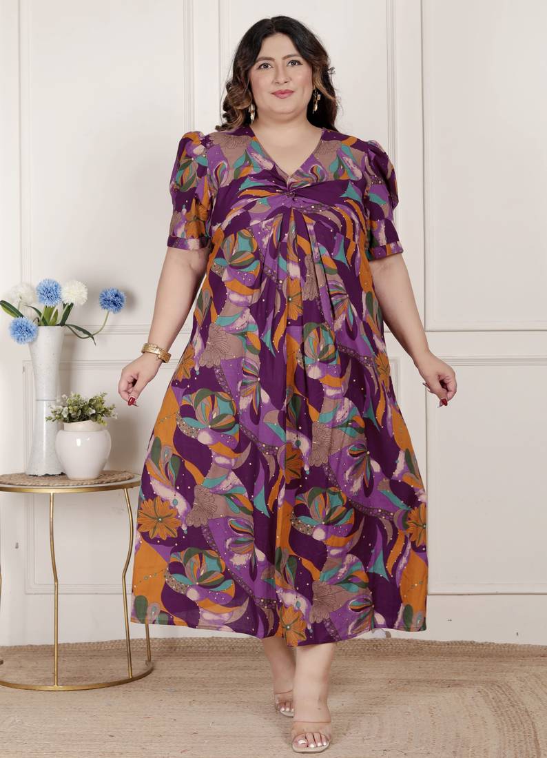 plus size floral print puff sleeve pure cotton fit flare magenta butterfly maxi dress