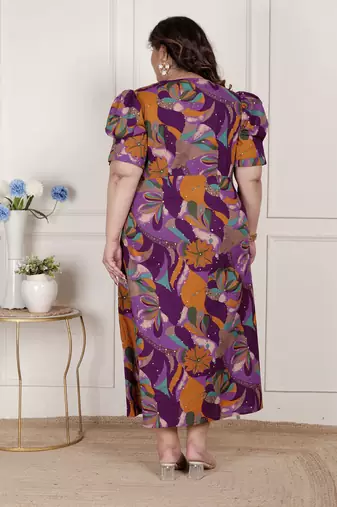 plus size floral print puff sleeve pure cotton fit flare magenta butterfly maxi dress