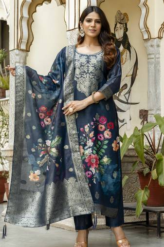 Women Gorgeous Chanderi Cotton Fabric Straight Kurta, Pant and Dupatta Set