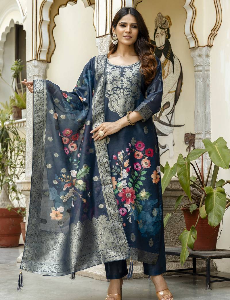 Women Gorgeous Chanderi Cotton Fabric Straight Kurta, Pant and Dupatta Set