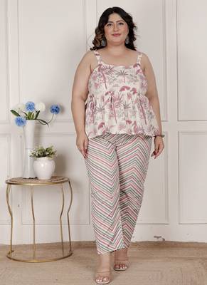  womens plus size pink pure cotton leaf printed kurti with palazzo 1