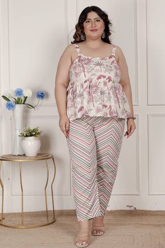Doriyaan womens plus size pink pure cotton leaf printed kurti with palazzo