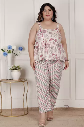 Doriyaan womens plus size pink pure cotton leaf printed kurti with palazzo