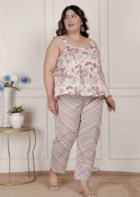 womens plus size pink pure cotton leaf printed kurti with palazzo 2
