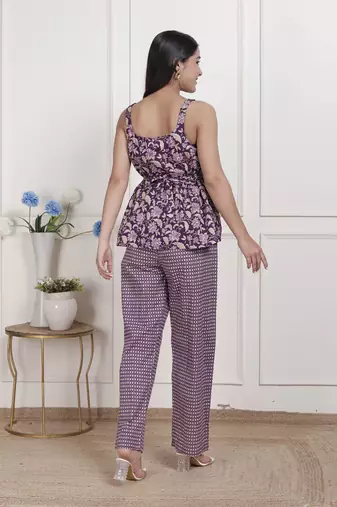 purple round neck cotton pleated Co-ord set