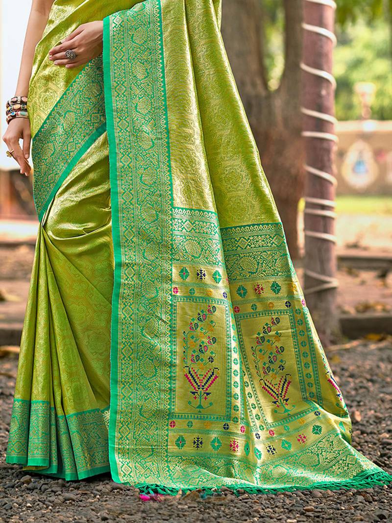 Sangam prints multi color kanjivaram silk woven work traditional saree
