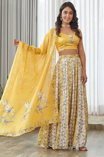 Yellow floral printed Satin Lehenga