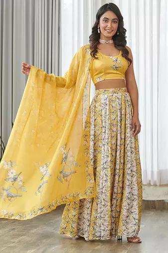 Yellow floral printed Satin Lehenga