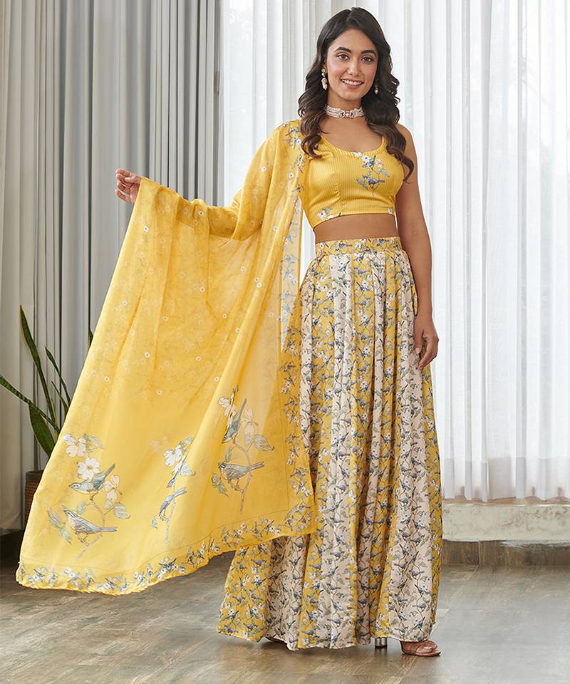 Yellow floral printed Satin Lehenga