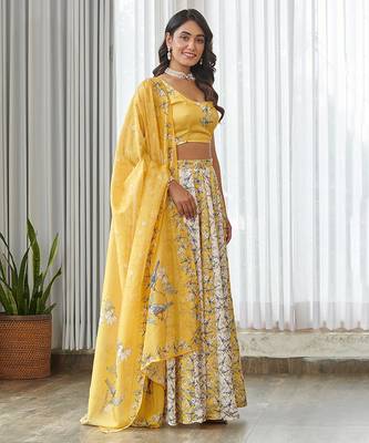 Yellow floral printed Satin Lehenga 2