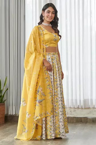 Yellow floral printed Satin Lehenga