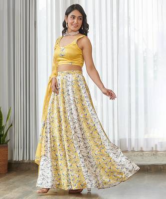 Yellow floral printed Satin Lehenga 3