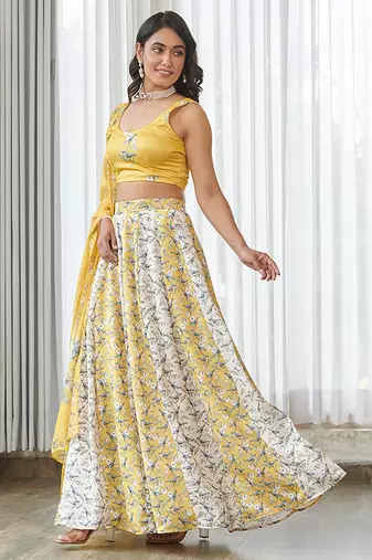 Yellow floral printed Satin Lehenga