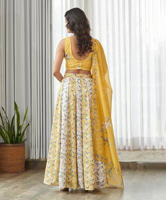 Yellow floral printed Satin Lehenga 4
