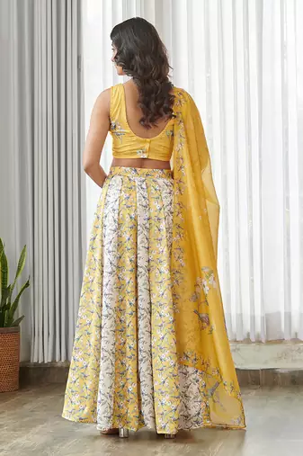 Yellow floral printed Satin Lehenga