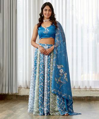 Blue floral printed Satin Lehenga 1
