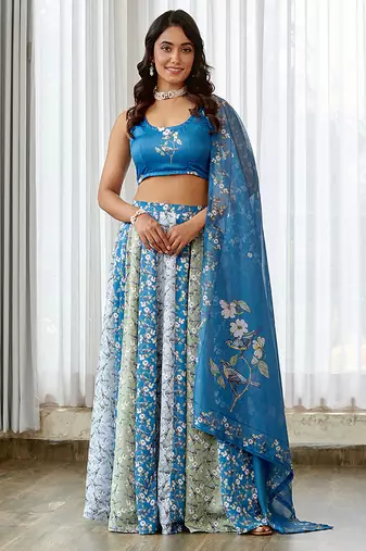 Blue floral printed Satin Lehenga