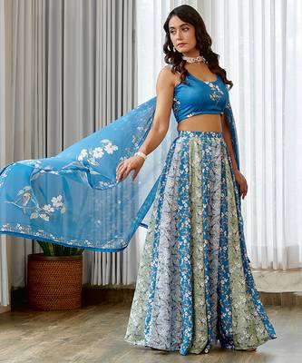 Blue floral printed Satin Lehenga 3