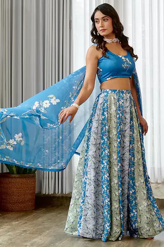 Blue floral printed Satin Lehenga