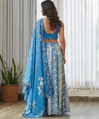 Blue floral printed Satin Lehenga 4