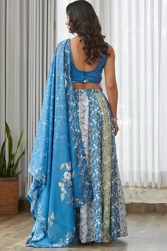 Blue floral printed Satin Lehenga