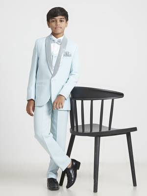 suit set full sleeves blazer, shirt, pant and waist coat with bow tie - sea green 1