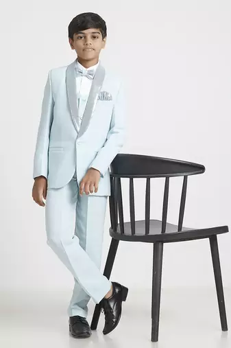 suit set full sleeves blazer, shirt, pant and waist coat with bow tie - sea green