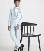 suit set full sleeves blazer, shirt, pant and waist coat with bow tie - sea green