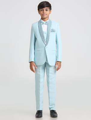 suit set full sleeves blazer, shirt, pant and waist coat with bow tie - sea green 2
