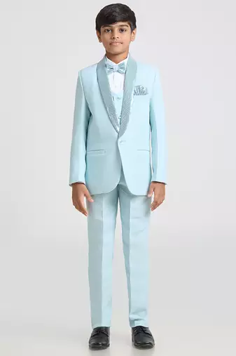 suit set full sleeves blazer, shirt, pant and waist coat with bow tie - sea green