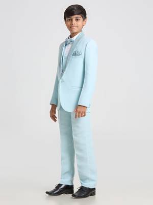 suit set full sleeves blazer, shirt, pant and waist coat with bow tie - sea green 3