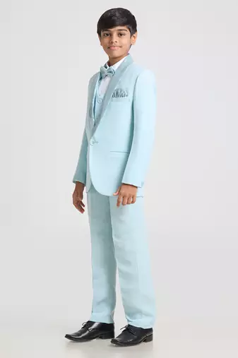 suit set full sleeves blazer, shirt, pant and waist coat with bow tie - sea green