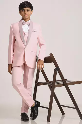 suit set full sleeves blazer, shirt, pant and waist coat with bow tie - pink