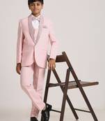 suit set full sleeves blazer, shirt, pant and waist coat with bow tie - pink