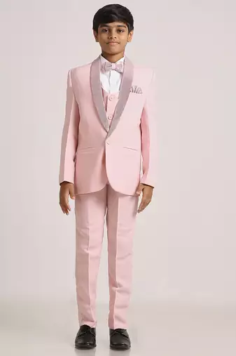 suit set full sleeves blazer, shirt, pant and waist coat with bow tie - pink
