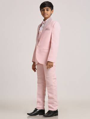 suit set full sleeves blazer, shirt, pant and waist coat with bow tie - pink 3