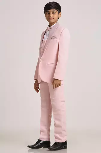 suit set full sleeves blazer, shirt, pant and waist coat with bow tie - pink