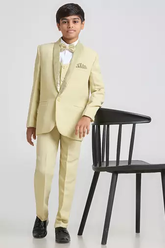 suit set full sleeves blazer, shirt, pant and waist coat with bow tie - pista green