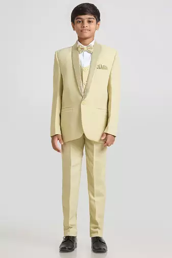 suit set full sleeves blazer, shirt, pant and waist coat with bow tie - pista green