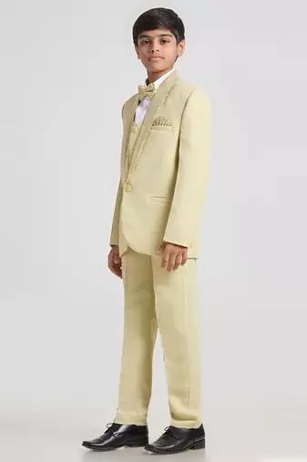 suit set full sleeves blazer, shirt, pant and waist coat with bow tie - pista green