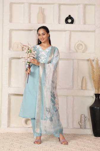 Elegant sea blue chanderi suit set with organza dupatta
