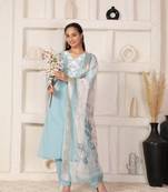 sea blue chanderi suit set with organza dupatta